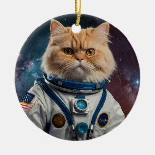 Ginger Persian Cat in Space Ceramic Tree Decoration