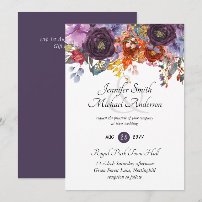 Ginger Purple Autumn Fall Floral Wedding Invites (Front/Back)