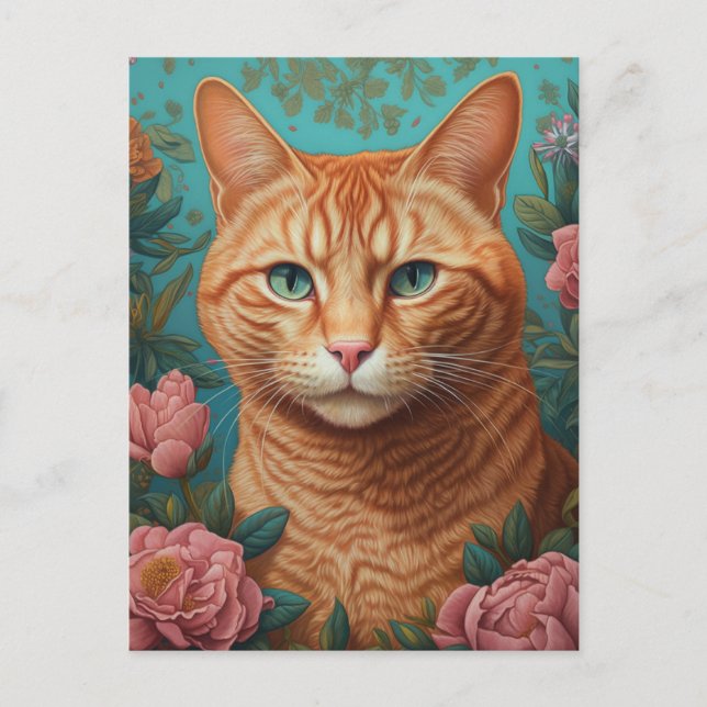 Ginger Tabby Cat and Peonies Postcard (Front)