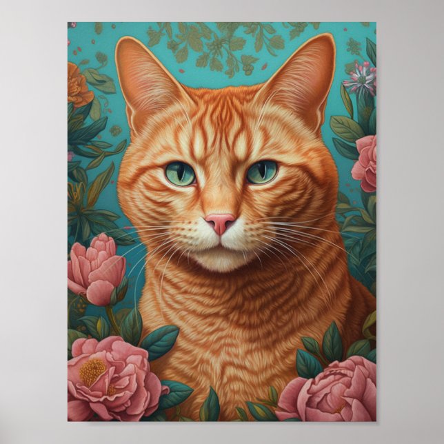 Ginger Tabby Cat and Peonies Poster (Front)
