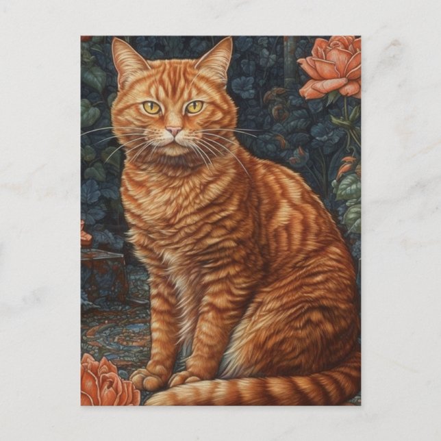 Ginger Tabby Cat and Roses Postcard (Front)