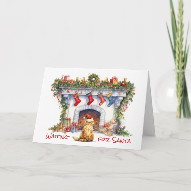 Ginger Tabby Cat Fireplace Christmas Card (Front)