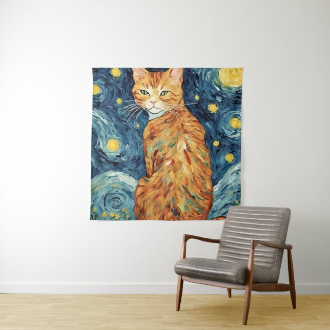 Ginger Tabby Cat in the Starry Night Tapestry (In Situ)