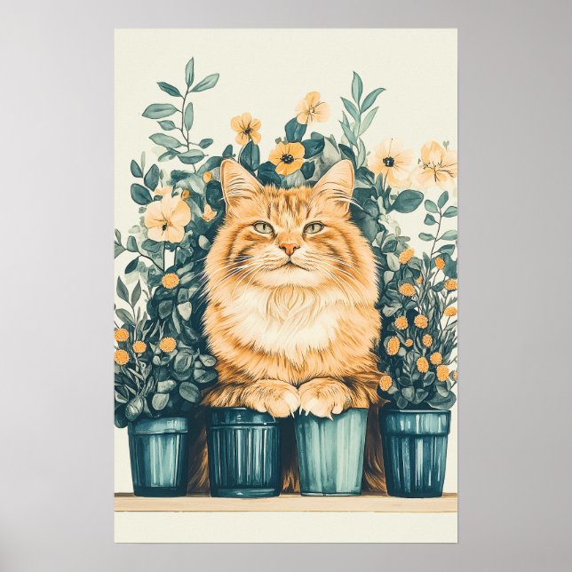 Ginger Tabby Cat Surrounded by Blooming Flowers Poster (Front)
