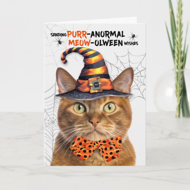 Ginger Tabby Halloween Cat PURRanormal MEOWolween Holiday Card (Front)