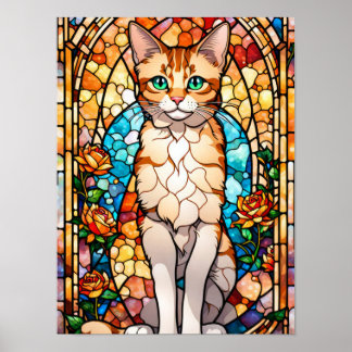 Ginger Tabby Stained Glass Cat and Roses Poster