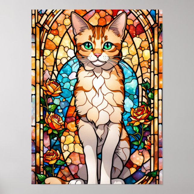 Ginger Tabby Stained Glass Cat and Roses Poster (Front)