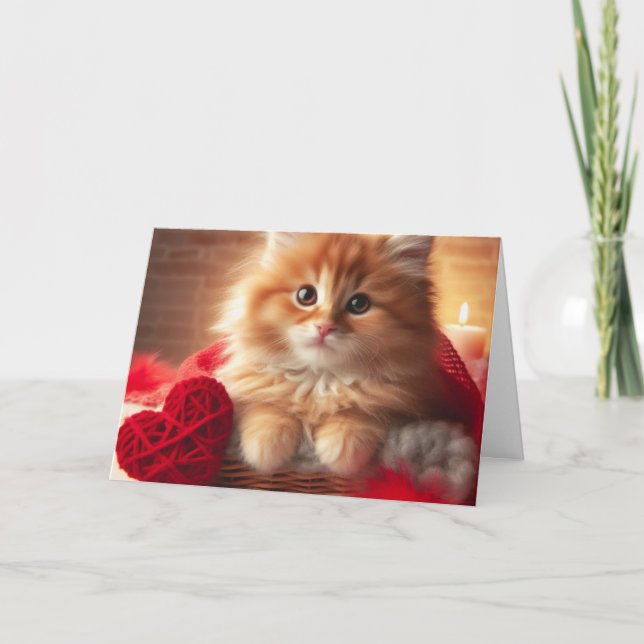 Ginger Valentine Kitten Yarn Heart Card (Front)