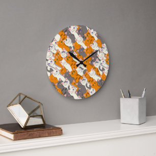Ginger white black cat diagonal pattern large clock