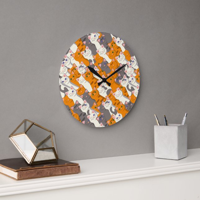Ginger white black cat diagonal pattern large clock (Office)