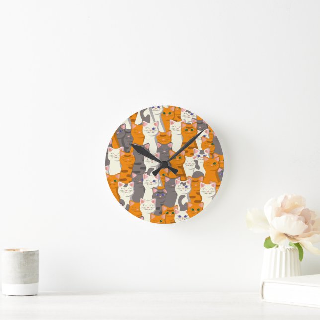 Ginger white black cat diagonal pattern round clock (Home)