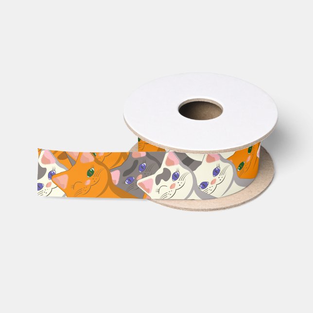 Ginger white black cat diagonal pattern satin ribbon (Spool)