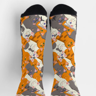 Ginger white black cat diagonal pattern socks