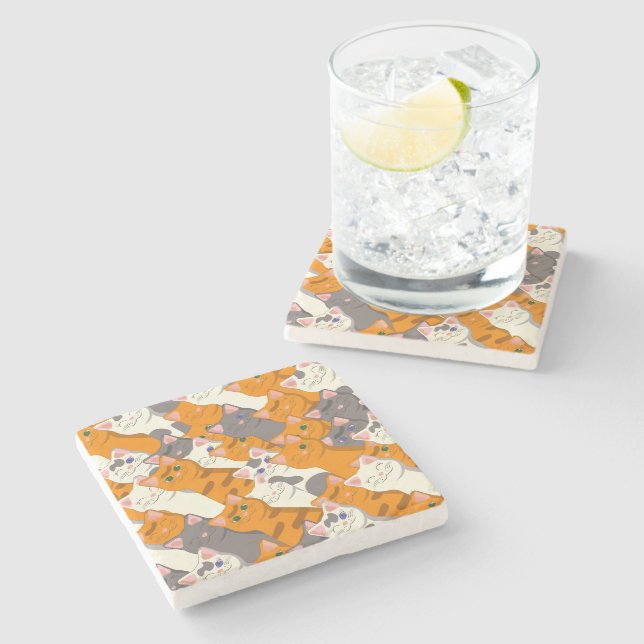 Ginger white black cat diagonal pattern stone coaster (Side)