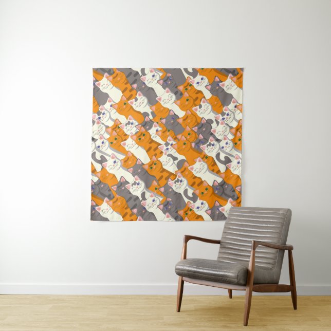 Ginger white black cat diagonal pattern tapestry (In Situ)