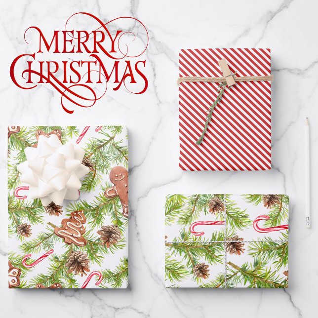 Gingerbread and Candy Cane Stripe 3 Coordinates Wrapping Paper Sheet (Creator Uploaded)