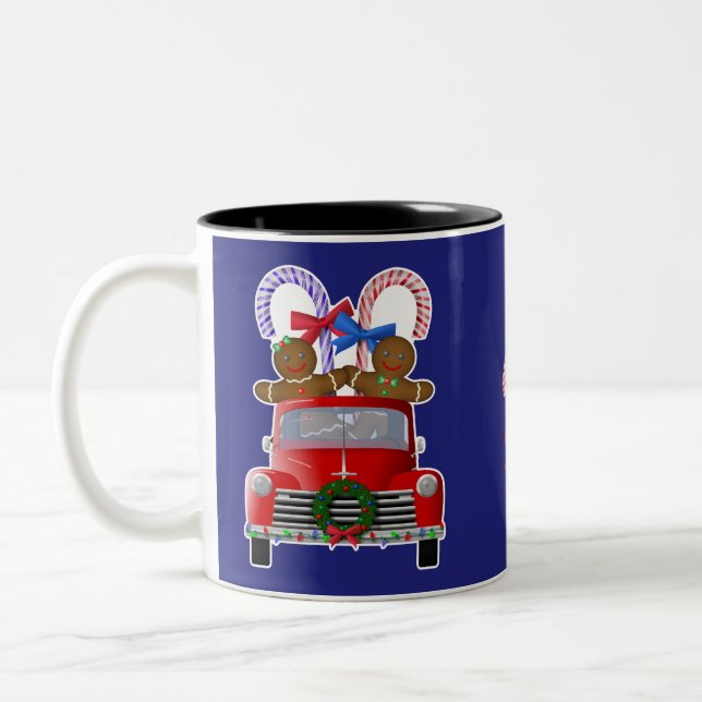 Gingerbread and Candy Canes Little Red Truck Two-Tone Coffee Mug (Left)