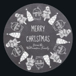 Gingerbread and Christmas Tree Chalkboard Classic Round Sticker<br><div class="desc">Traditional chalkboard design features a wreath made up of gingerbread houses and two styles of Christmas trees. Merry Christmas is written in a modern font. You name is written in a script text. All of the design and text is white. Easy-to-use template allows you to change all of the text...</div>