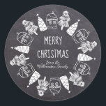 Gingerbread and Christmas Tree Chalkboard Classic Round Sticker<br><div class="desc">Traditional chalkboard design features a wreath made up of gingerbread houses and two styles of Christmas trees. Merry Christmas is written in a modern font. You name is written in a script text. All of the design and text is white. Easy-to-use template allows you to change all of the text...</div>