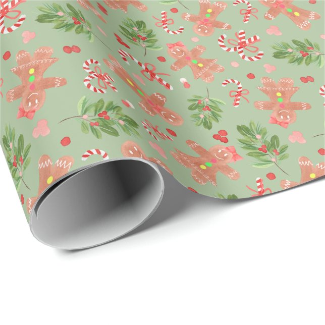 Gingerbread and Holly Branches GREEN Wrapping Pape Paper (Roll Corner)