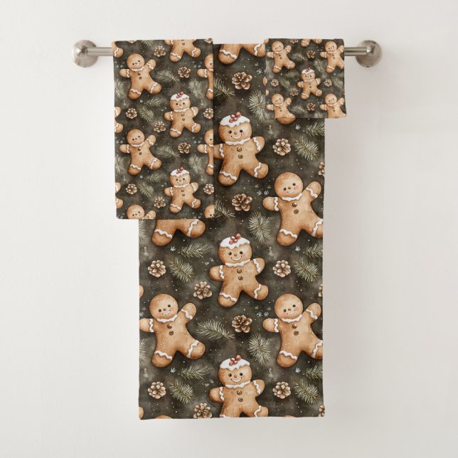 Gingerbread and Pinecone Christmas Pattern Bath Towel Set (Insitu)