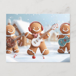 Gingerbread Band Playing in the Snow Holiday Postcard