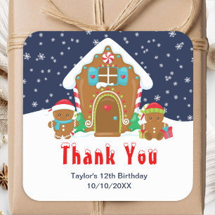 Gingerbread Birthday Party Navy and Red Thank You Square Sticker