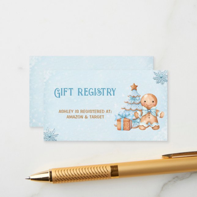 Gingerbread Blue Baby Shower Gift Registry Card (Front/Back In Situ)
