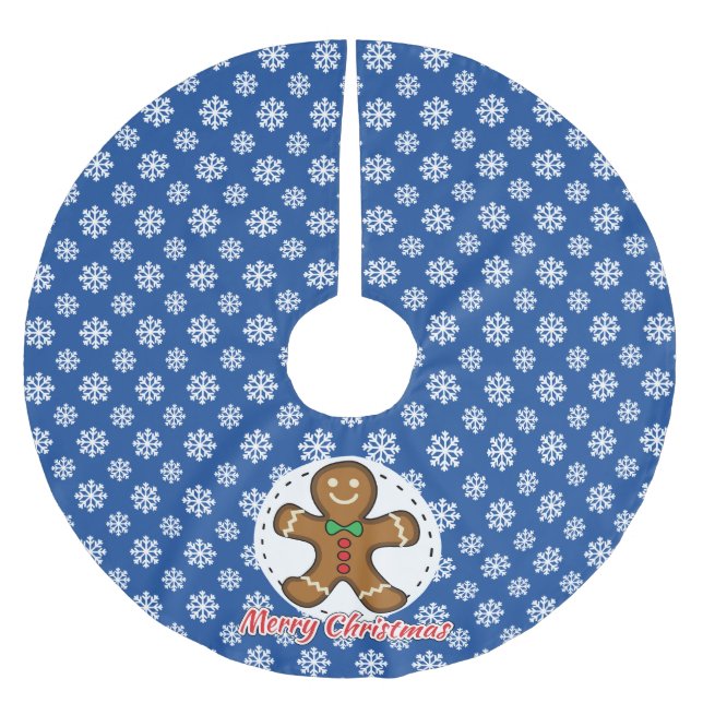 Gingerbread - Blue Snowflakes Pattern - Merry Xmas Brushed Polyester Tree Skirt (Front)