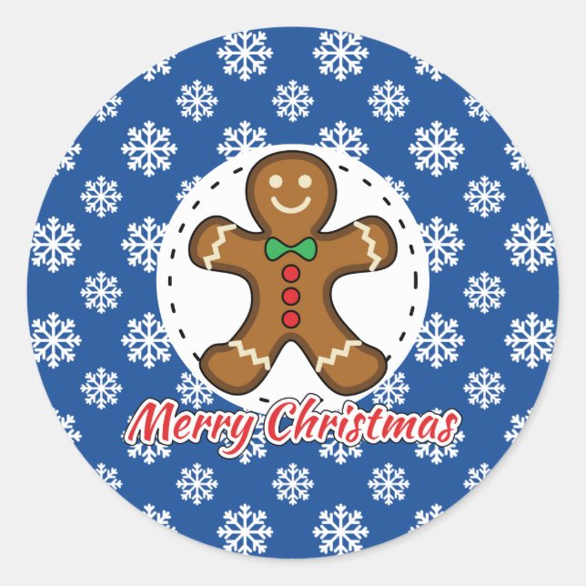 Gingerbread - Blue Snowflakes Pattern - Merry Xmas Classic Round Sticker (Front)