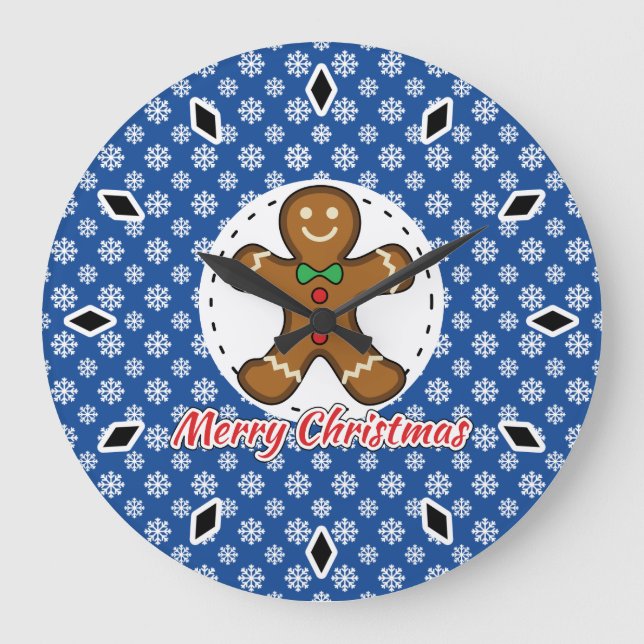 Gingerbread - Blue Snowflakes Pattern - Merry Xmas Large Clock (Front)