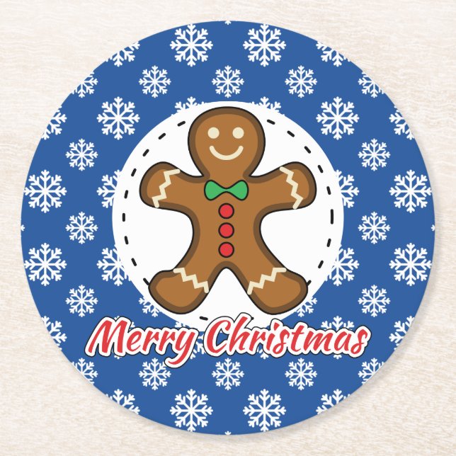 Gingerbread - Blue Snowflakes Pattern - Merry Xmas Round Paper Coaster (Front)