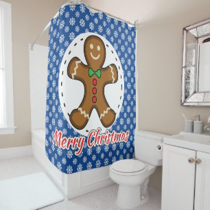 Gingerbread - Blue Snowflakes Pattern - Merry Xmas Shower Curtain