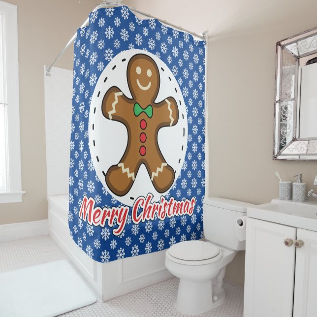 Gingerbread - Blue Snowflakes Pattern - Merry Xmas Shower Curtain (In Situ)