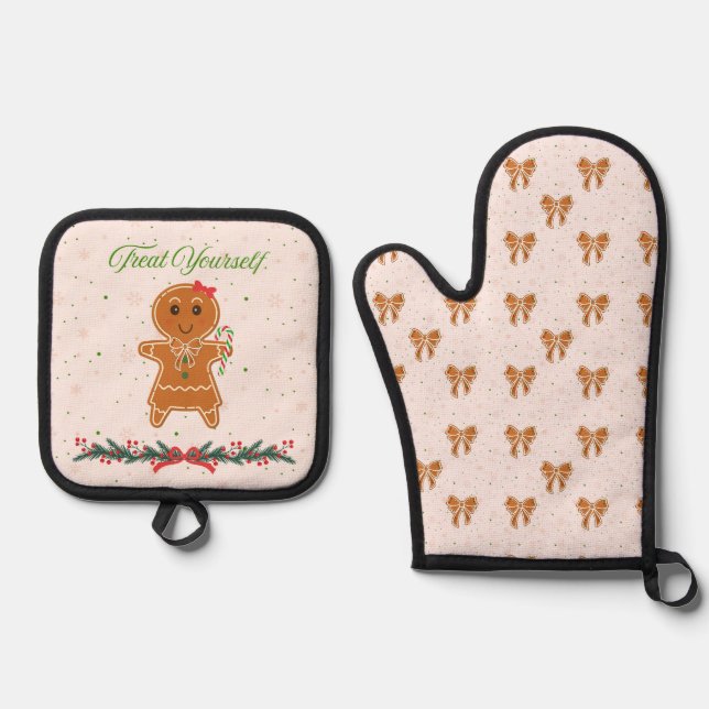 Gingerbread Bows Oven Mitt & Pot Holder Set (Front)