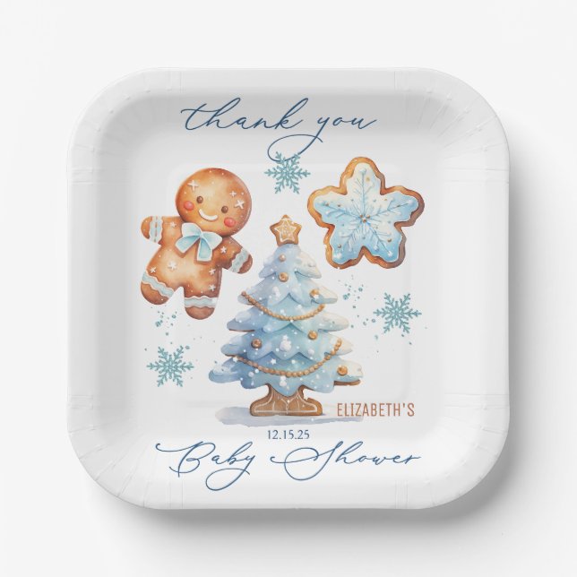 Gingerbread Boy Christmas Tree Baby Shower Thanks Paper Plate (Front)