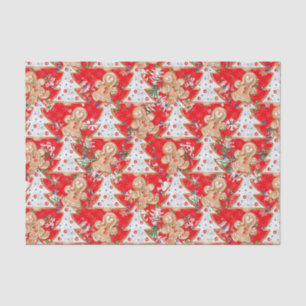 Gingerbread boy, girl Christmas tree on red Tissue Paper