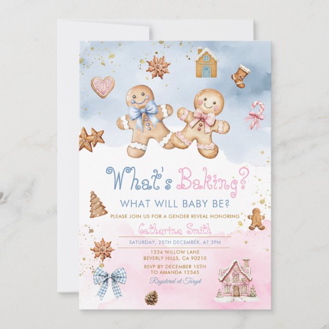 Gingerbread Boy Girl Cookies Pink Blue Winter  Invitation (Front)