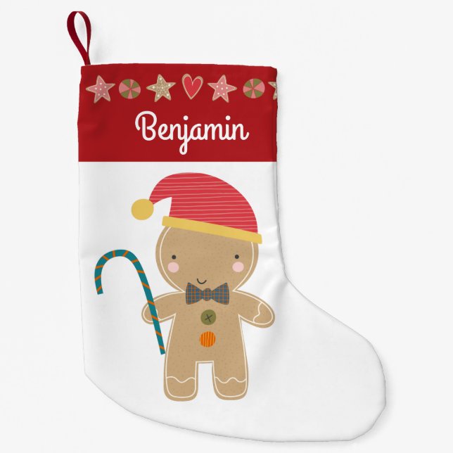Gingerbread Boy Holiday Cookie Red Border Name Small Christmas Stocking (Front)