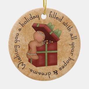 Gingerbread Boy peaking at present Ceramic Tree Decoration