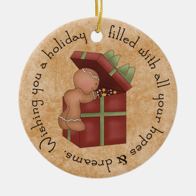 Gingerbread Boy peaking at present Ceramic Tree Decoration (Front)