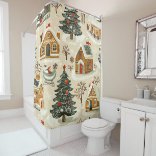 Gingerbread Brown Christmas Village Beige Shower Curtain