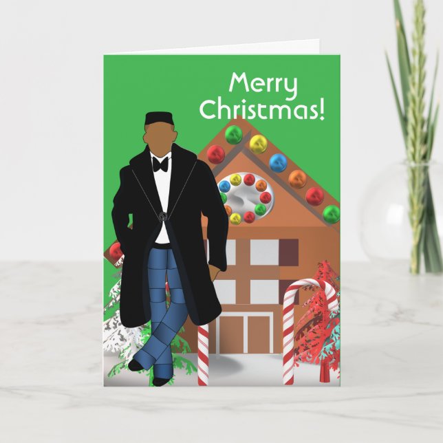 Gingerbread Candy Cane Black Male Christmas Card (Front)