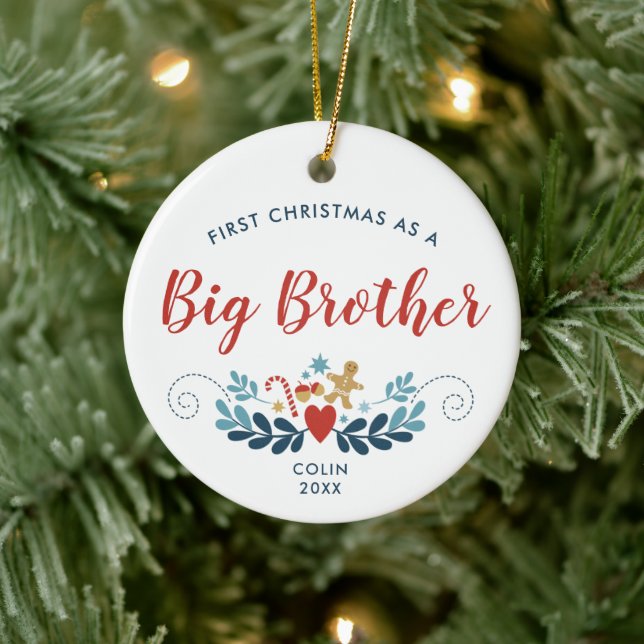 Gingerbread Candy Cane Personalized Big Brother Ceramic Tree Decoration (Tree)