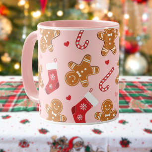 Gingerbread Candy Cane Stockings Christmas Pink Mug