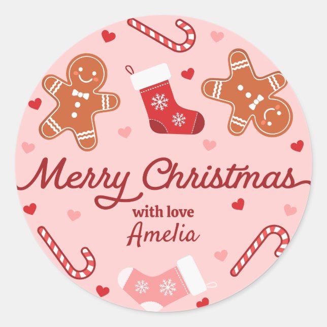 Gingerbread Candycane Stockings Pink Christmas Classic Round Sticker (Front)
