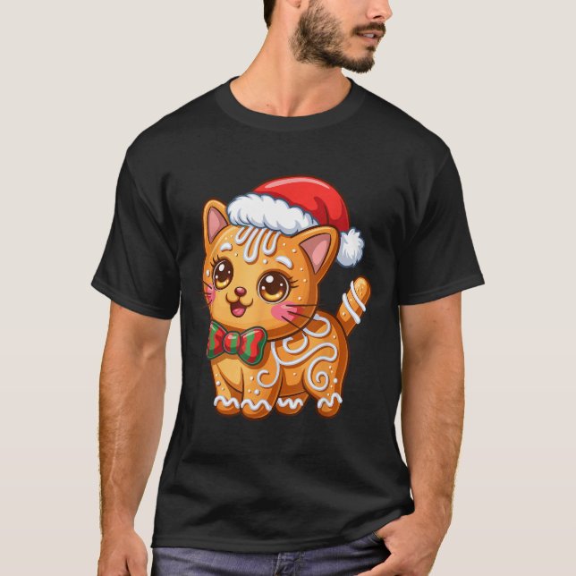 Gingerbread Cat Christmas Cat Lover Xmas  T-Shirt (Front)