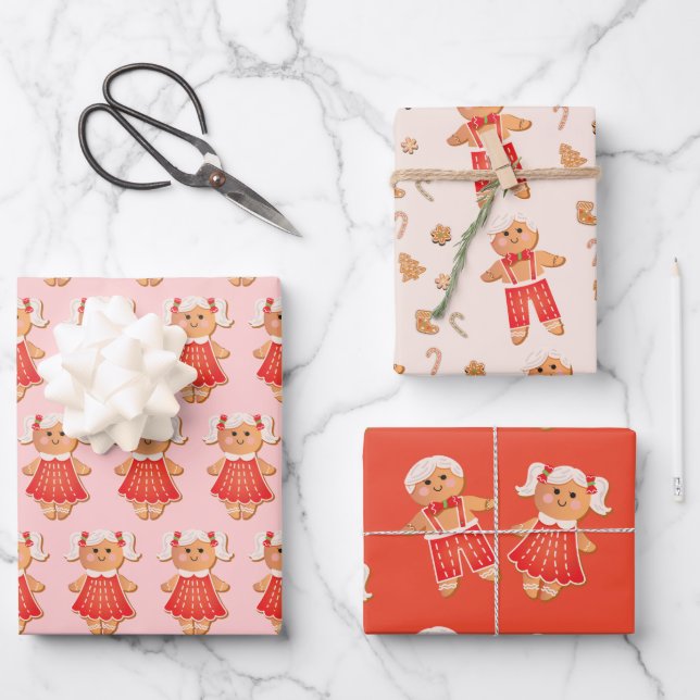 Gingerbread Christmas Cookie Boy and Girl Wrapping Paper Sheet (Front)