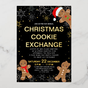 Gingerbread Christmas Cookie Exchange Gold Black Foil Holiday Card