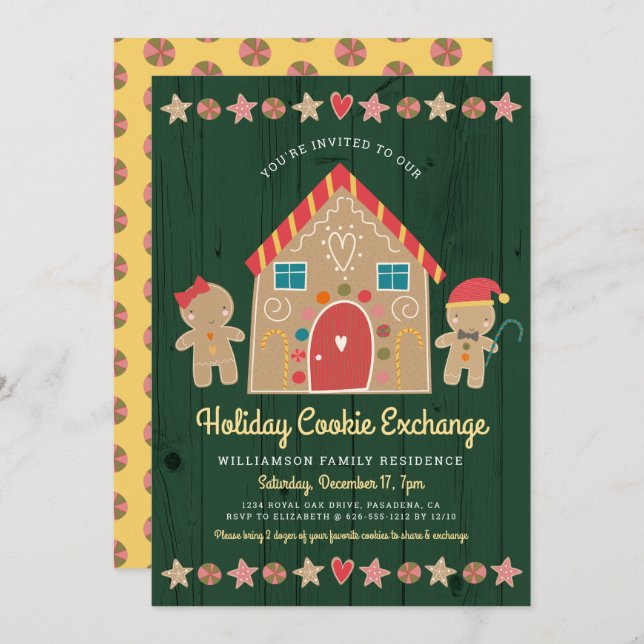 Gingerbread Christmas Cookie Exchange Green Rustic Invitation (Front/Back)